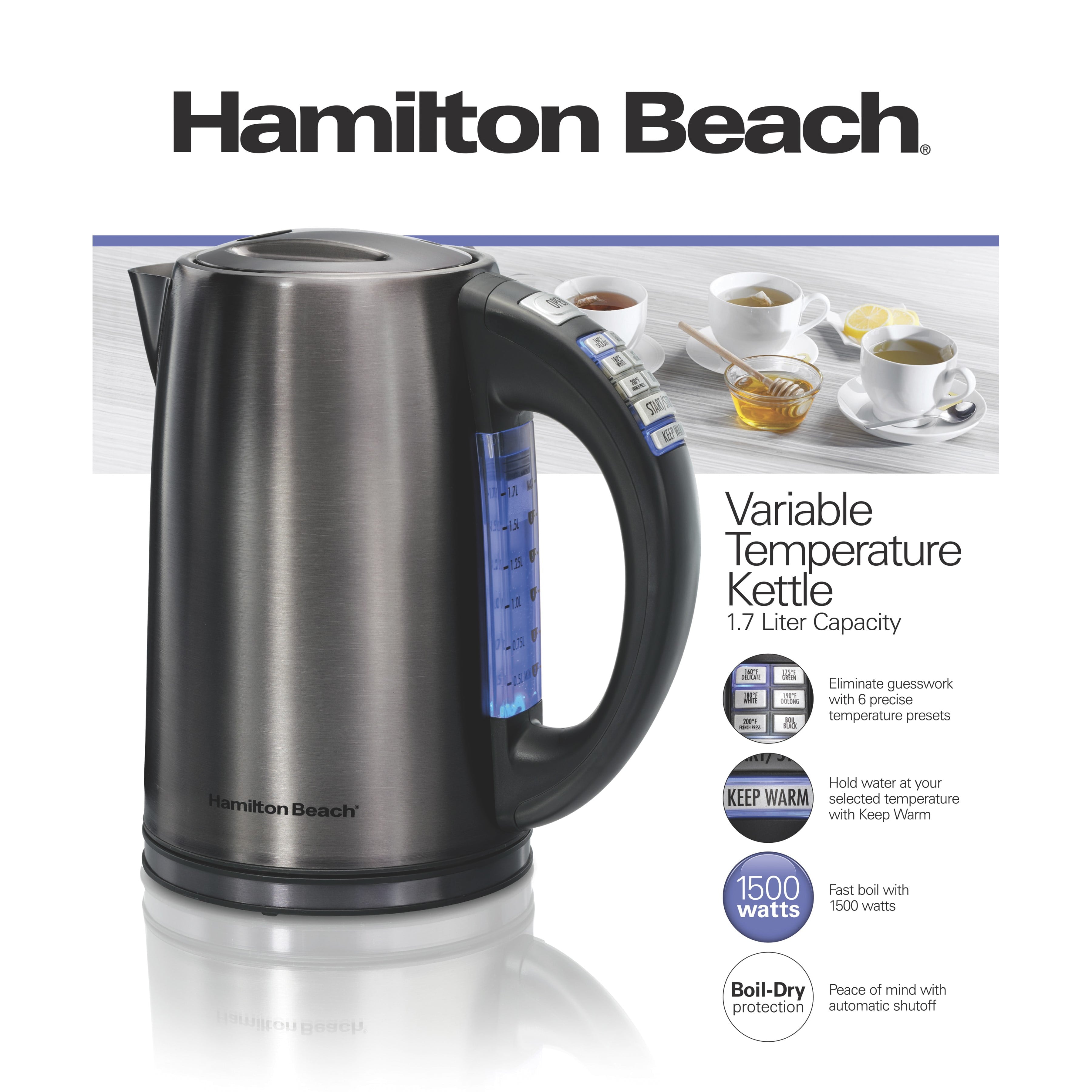 Hamilton Beach Variable Temperature Electric Kettle, 1.7 Liter, Black, Stainless Steel, New, 41022F