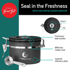 Coffee Gator Stainless Steel Coffee Storage Canister with Date-Tracker, CO2-Release Valve and Measuring Scoop, Large, Black