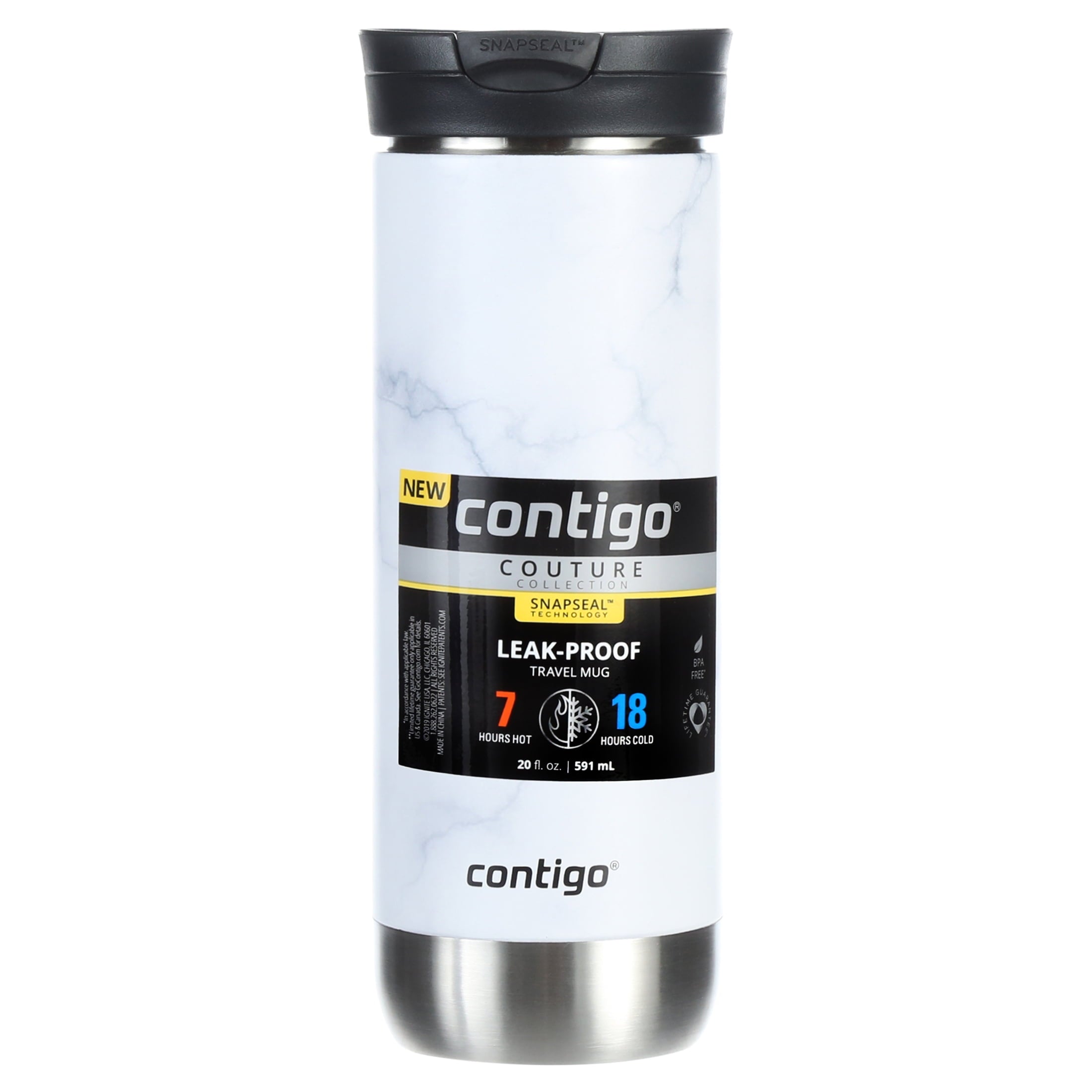 Contigo Couture Stainless Steel Travel Mug with SNAPSEAL Lid White Marble, 20 fl oz.