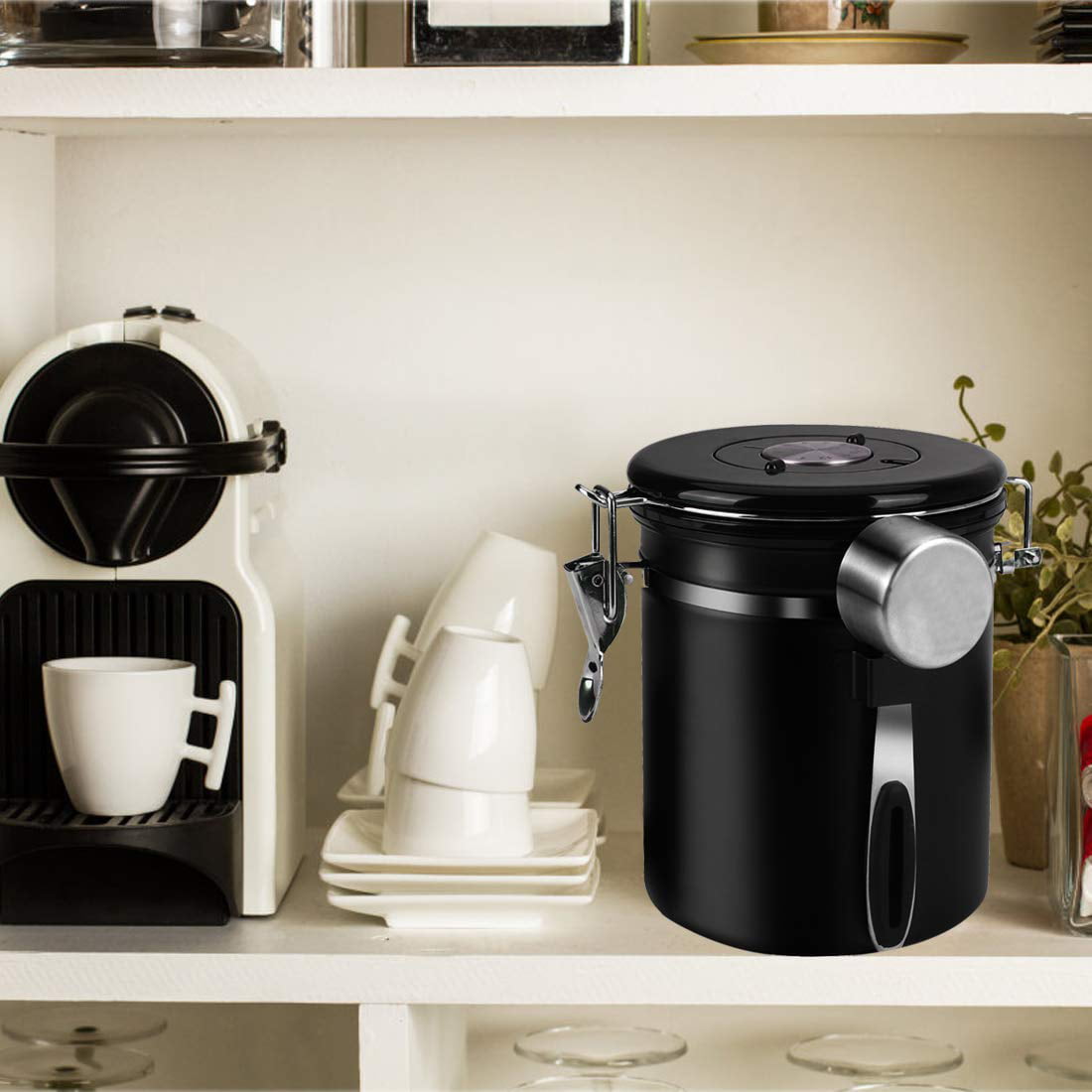 Coffee Container Airtight Coffee Canister, Coffee Stainless Steel Container for the Kitchen, Coffee Ground -One Way Co2 Valve Airtight Coffee Canister (Black,1.2L)