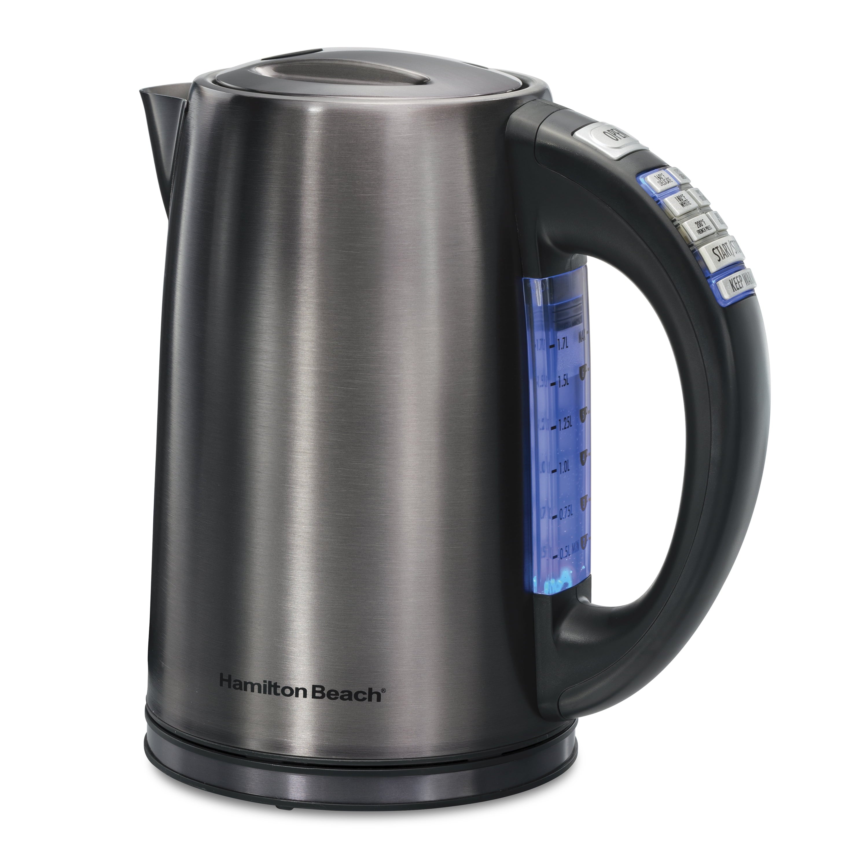 Hamilton Beach Variable Temperature Electric Kettle, 1.7 Liter, Black, Stainless Steel, New, 41022F