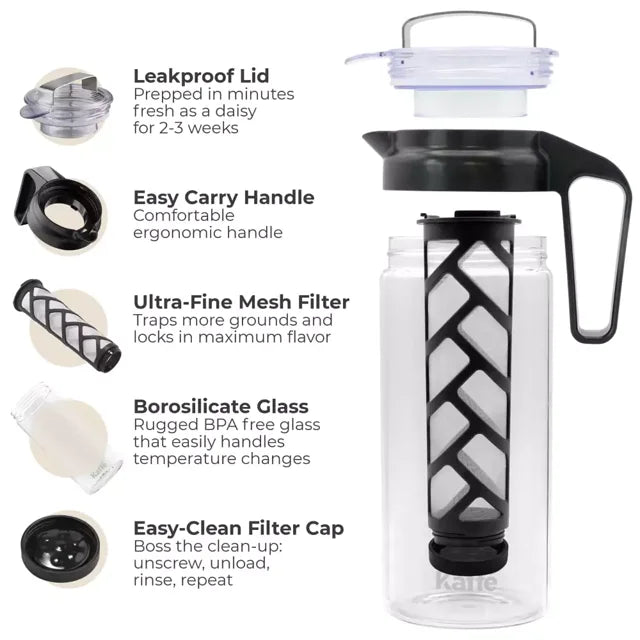 Kaffe Cold Brew Coffee Maker, 1.3L cold brew pitcher, Cold brew coffee and Tea Brewer