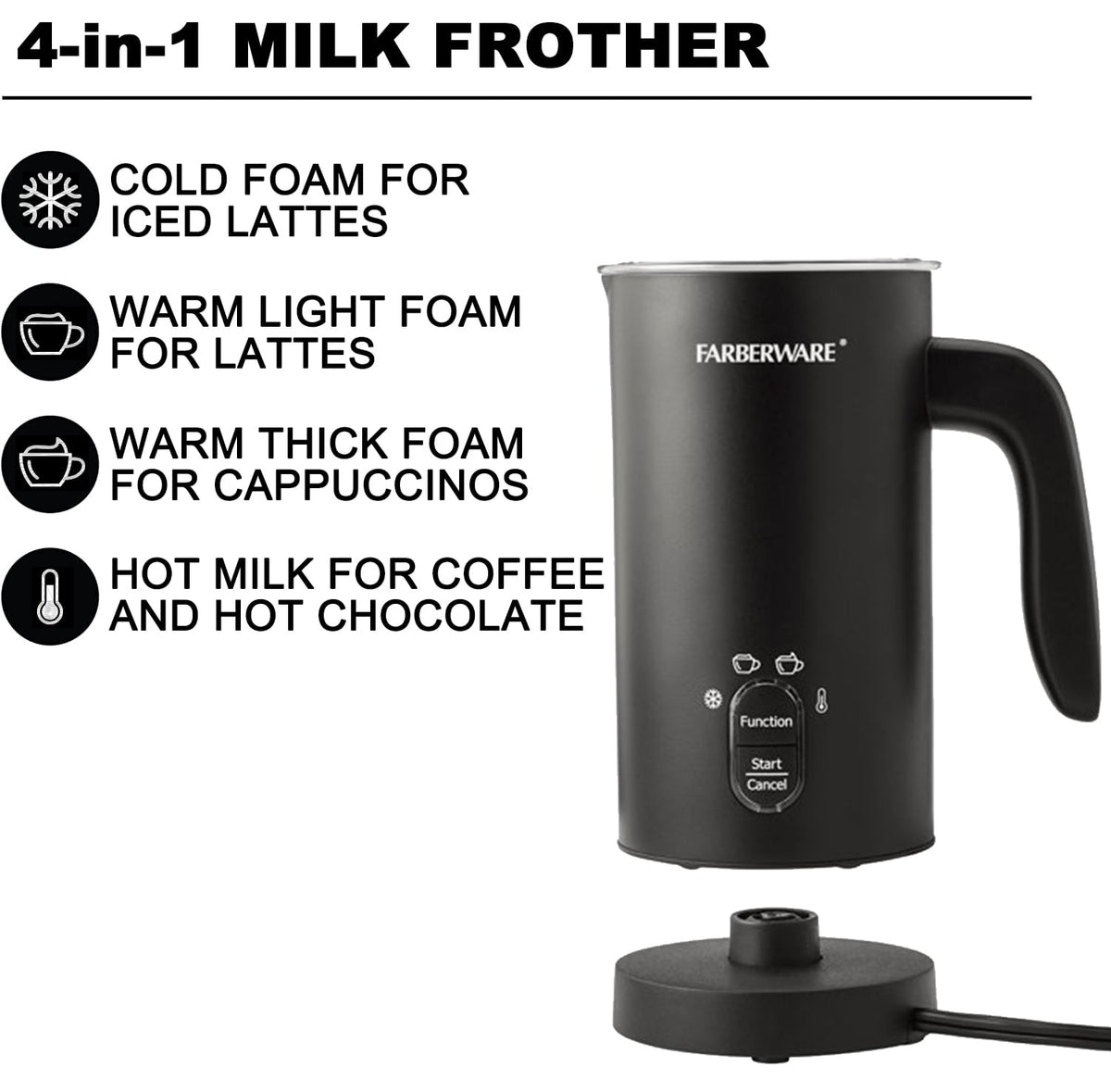 Farberware 10 oz Electric Milk Frother 4 in 1 Automatic Foam Maker , Black