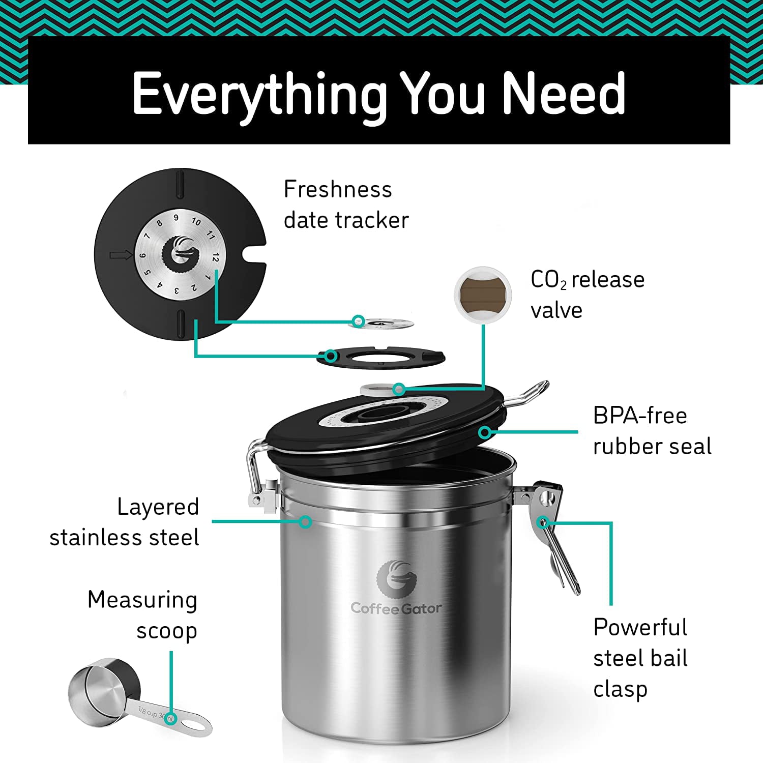 Coffee Gator Stainless Steel Coffee Storage Canister with Date-Tracker, CO2-Release Valve and Measuring Scoop, Large, Black