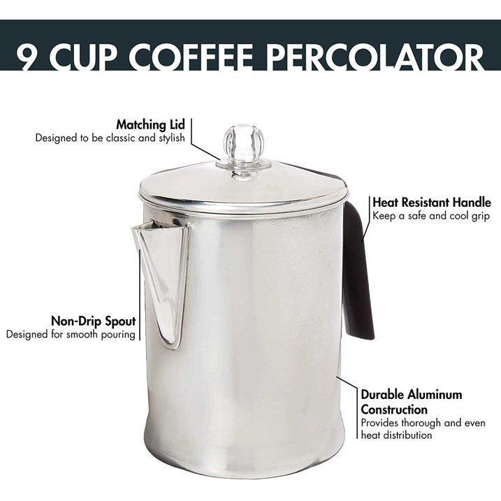 Primula Today Aluminum Stove Top Percolator Maker Durable, Brew Coffee On Stovetop, 9 Cup