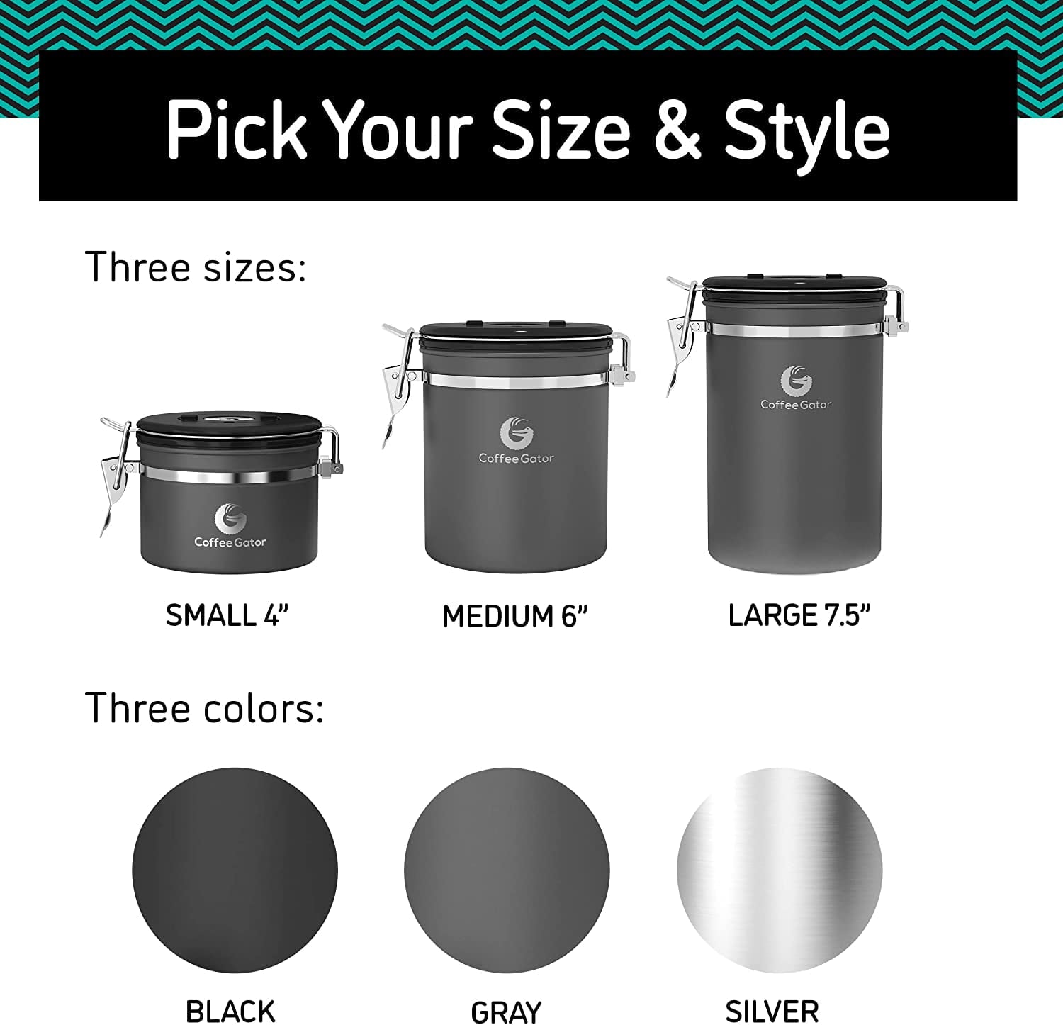 Coffee Gator Stainless Steel Coffee Storage Canister with Date-Tracker, CO2-Release Valve and Measuring Scoop, Large, Black