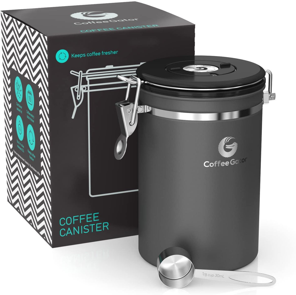 Coffee Gator Stainless Steel Coffee Storage Canister with Date-Tracker, CO2-Release Valve and Measuring Scoop, Large, Black