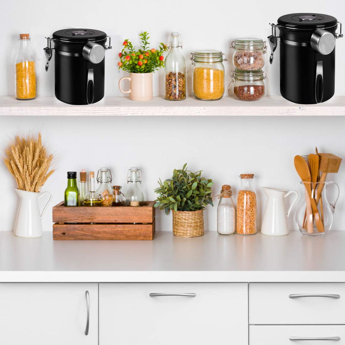 Coffee Container Airtight Coffee Canister, Coffee Stainless Steel Container for the Kitchen, Coffee Ground -One Way Co2 Valve Airtight Coffee Canister (Black,1.2L)