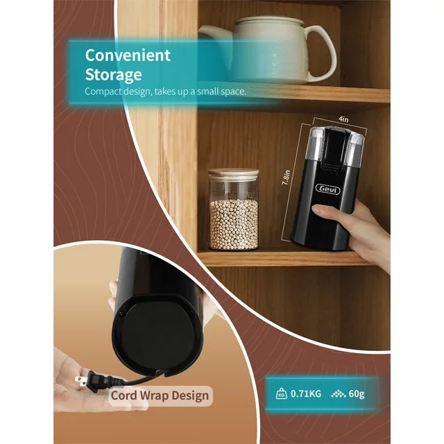 Gevi Black Electric Coffee Grinder With Stainless Steel Blades, New Condition