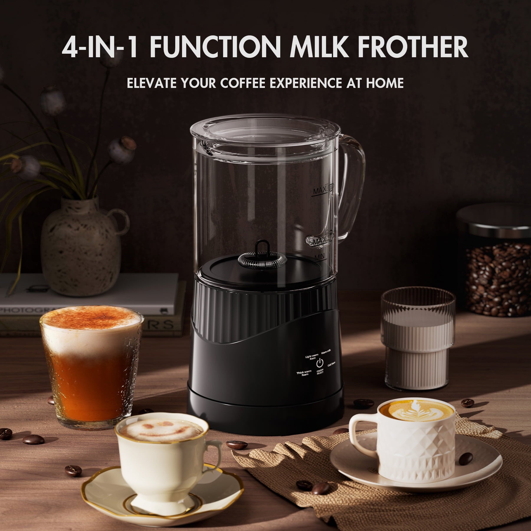 ALROCKET Milk Frother, 4 IN 1 Automatic Warm and Cold Milk Foam Maker, 400ml/13.5oz Milk Steamer for Coffee, Black