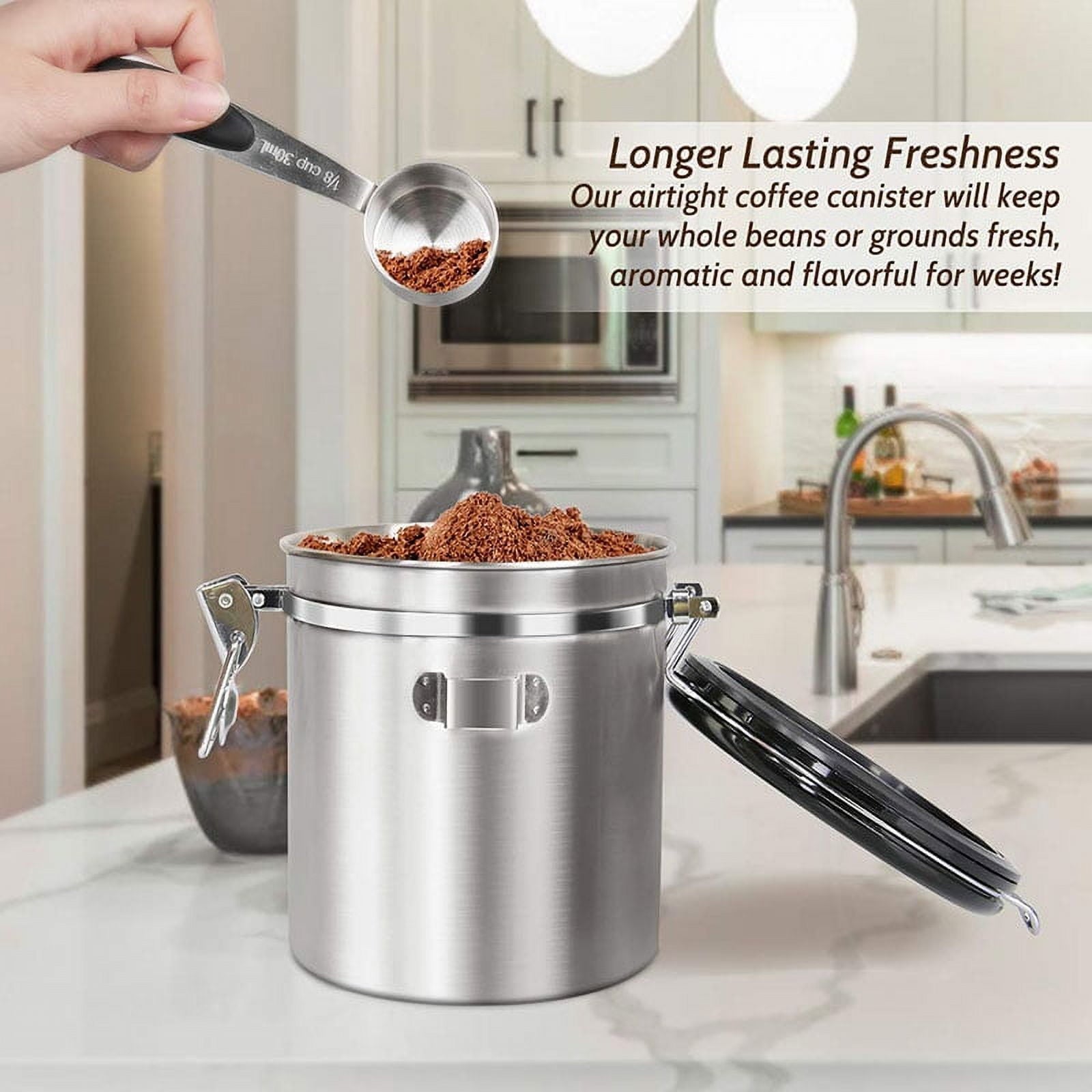 Airtight Coffee Canister Stainless Steel Container Coffee Ground Vault Jar with Valve for Kitchen New