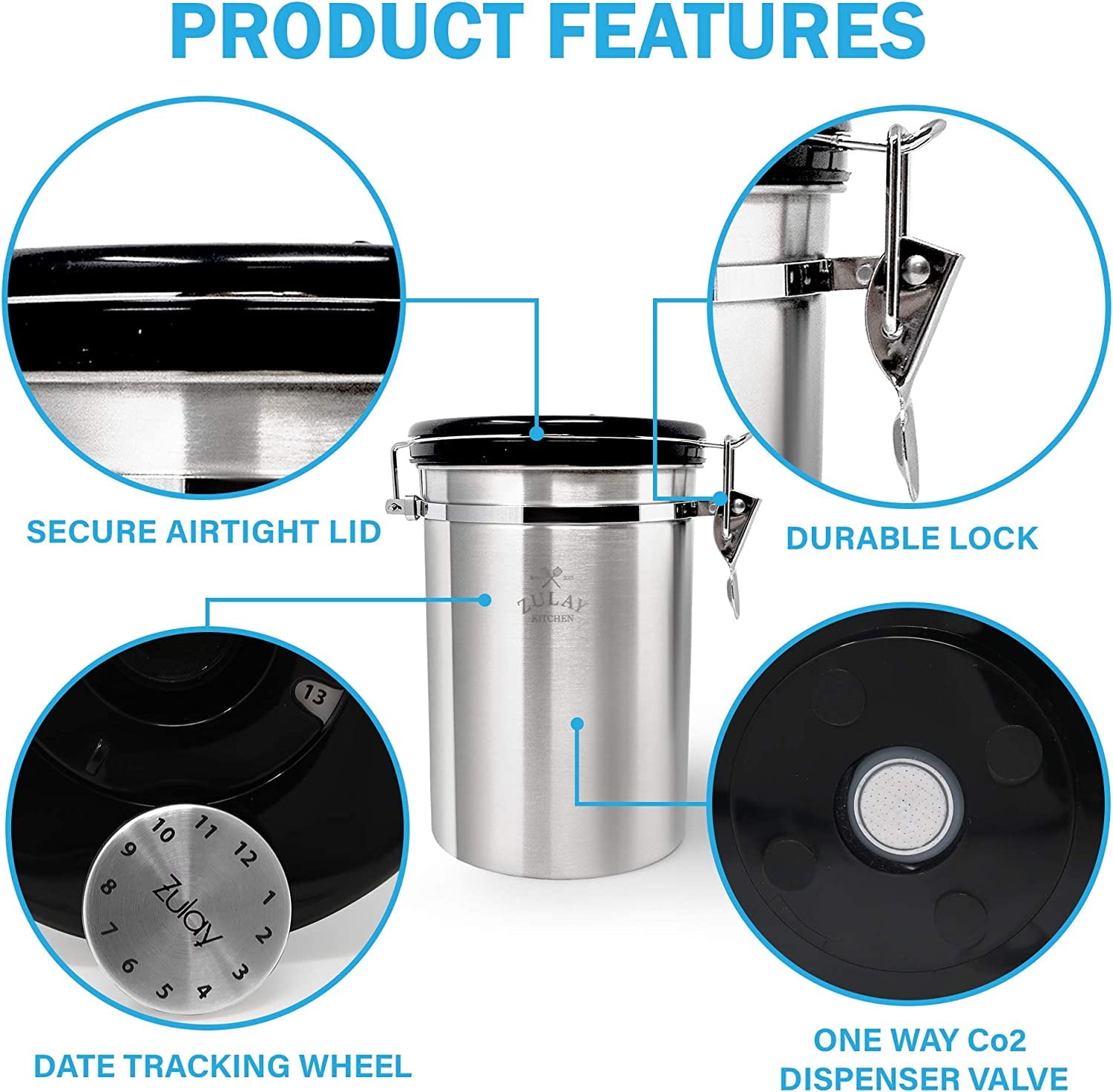Zulay Kitchen Stainless Steel Coffee Canister with Air Filter and Date Tracking