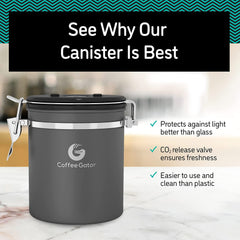 Coffee Gator Stainless Steel Coffee Storage Canister with Date-Tracker, CO2-Release Valve and Measuring Scoop, Large, Black